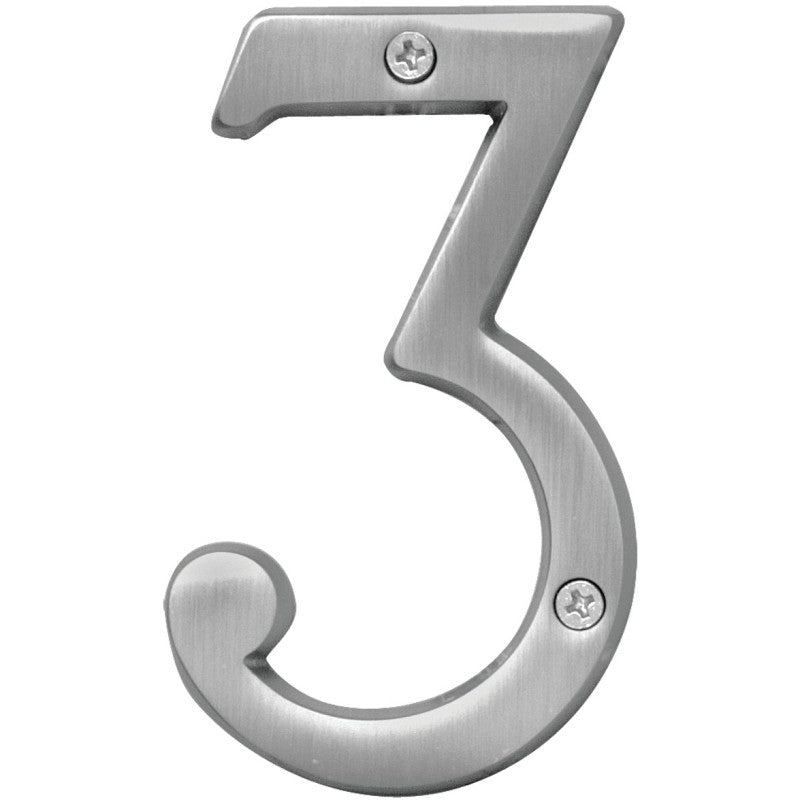Hy-Ko Prestige Series BR-43SN/3 House Number, Character: 3, 4 in H Character, Nickel Character, Brass (Pack of 3)