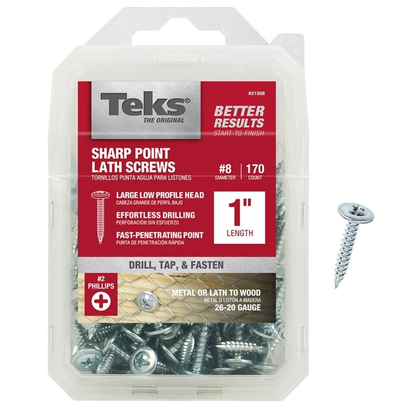 Teks 21508 Lath Screw, #8 Thread, Truss Head, Phillips Drive, Sharp Point, Steel, Zinc, 170 PK
