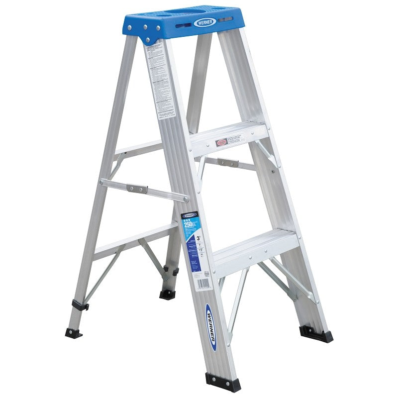 WERNER 363 Step Ladder, 7 ft Max Reach H, 250 lb, Type I Duty Rating, 3 in D Step, Aluminum, Blue
