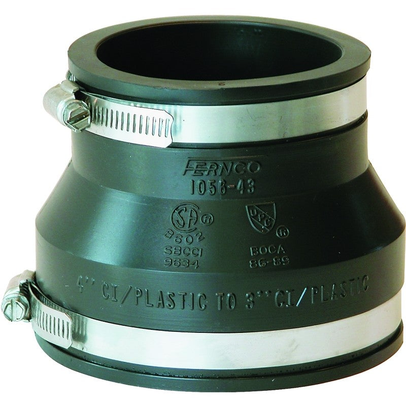 Fernco P1056-43 Flexible Coupling, 4 x 3 in, PVC, Black, 4.3 psi Pressure