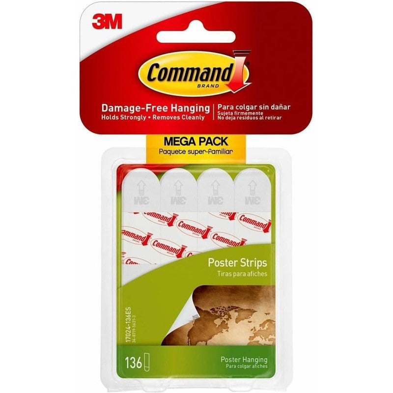 Command 17024-136ES Small Poster Strip, 5/8 in W, 1.813 in L, Foam Backing, White, 1 lb