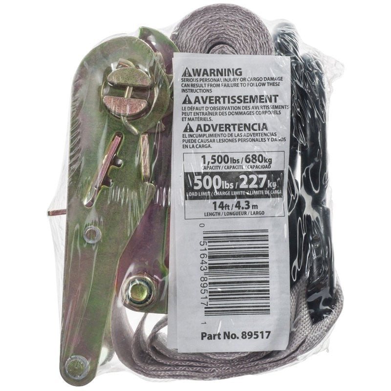 Keeper 89517-10 Tie-Down, 2 in W, 14 ft L, Gray, 500 lb, S-Hook End Fitting