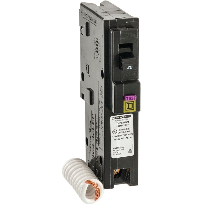Square D HOM120DFC Circuit Breaker, Dual Function, Mini, 20 A, 1-Pole, Plug, 120 V