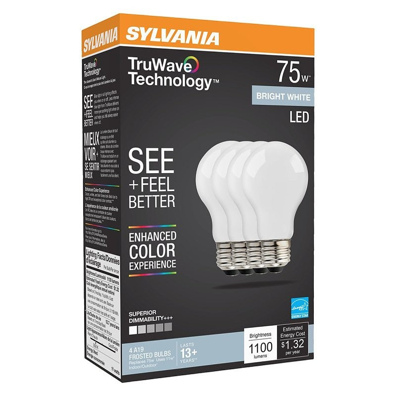 Sylvania Natural 41297 LED Bulb, A19 Lamp, 75 W Equivalent, E26 Medium Lamp Base, Dimmable, Frosted