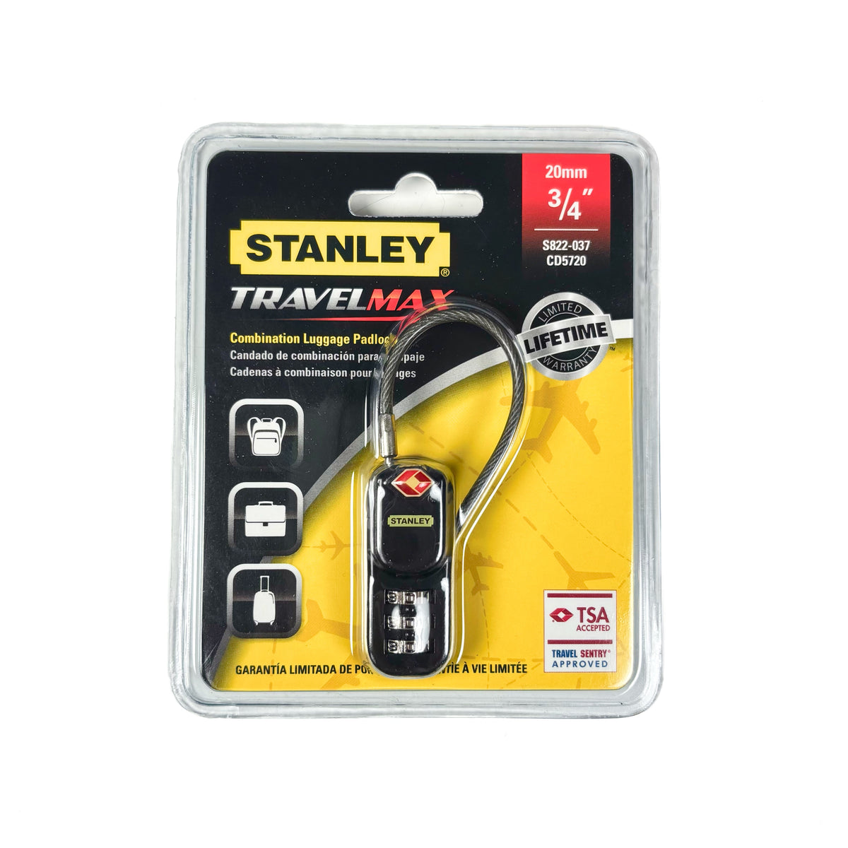 TSA Approved 3 Digit Luggage Cable Padlock 3/4 Inch (20MM) Wide Black