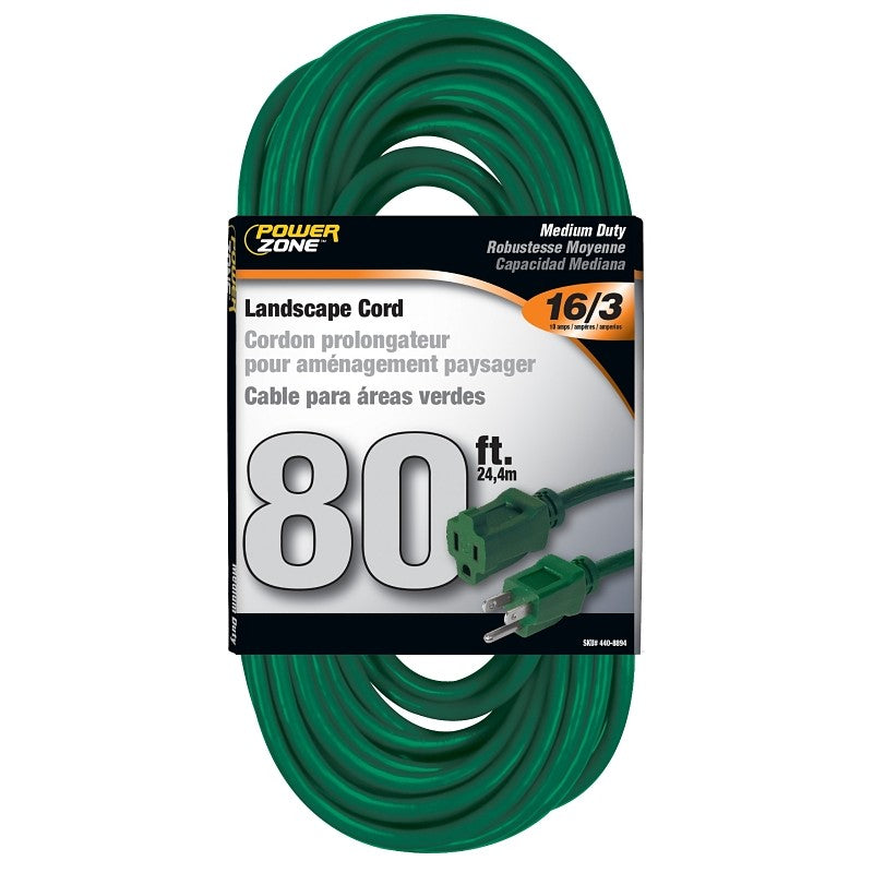 PowerZone OR880633 Extension Cord, 16 AWG Cable, 80 ft L, 125 V, Green