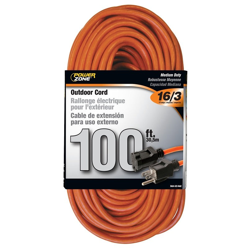 PowerZone OR501635 Extension Cord, 16 AWG Cable, 5-15P Grounded Plug, 5-15R Grounded Receptacle, 100 ft L, 125 V