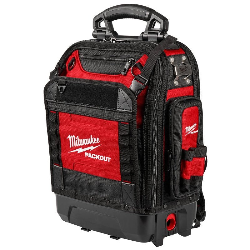 Milwaukee Packout 48-22-8303 Structured Backpack, 18 in W, 9-1/2 in D, 20 in H, 42-Pocket, Polyester, Black/Red