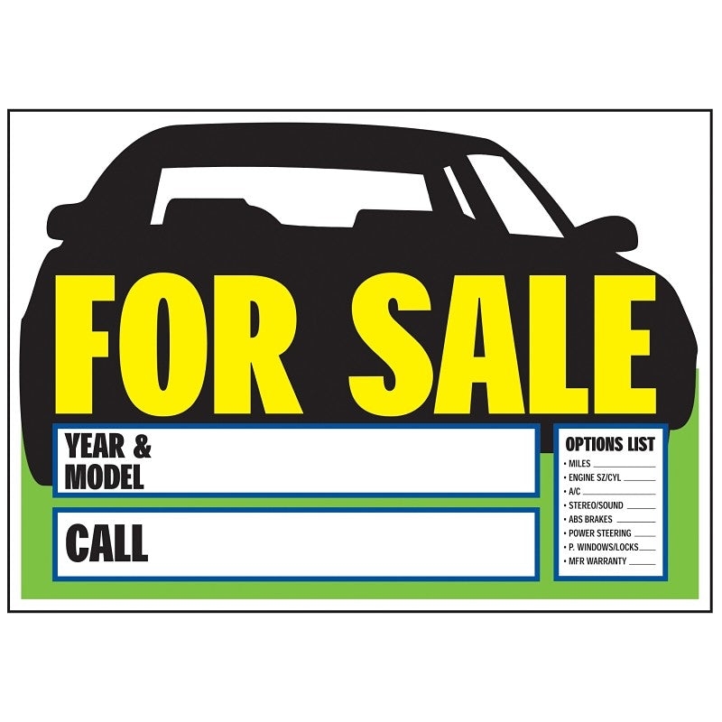 Hy-Ko 22104 Sign, For Sale (Car), Yellow Legend, Plastic, 9 in W x 14 in H Dimensions (Pack of 10)