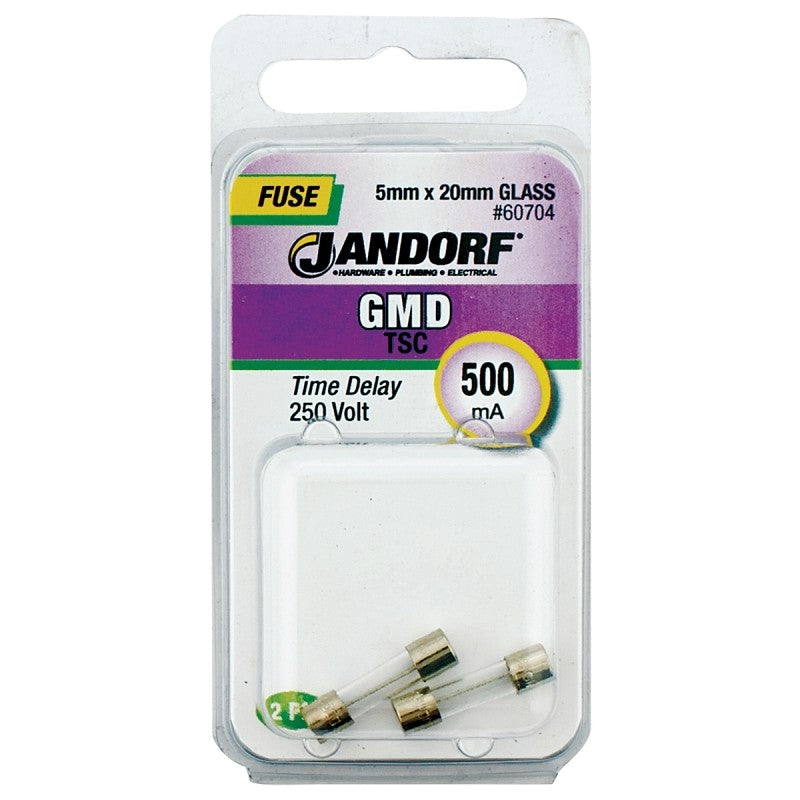 Jandorf 60704 Time Delay Fuse, 500 mA, 250 V, 35 A, 10 kA Interrupt, Glass Body