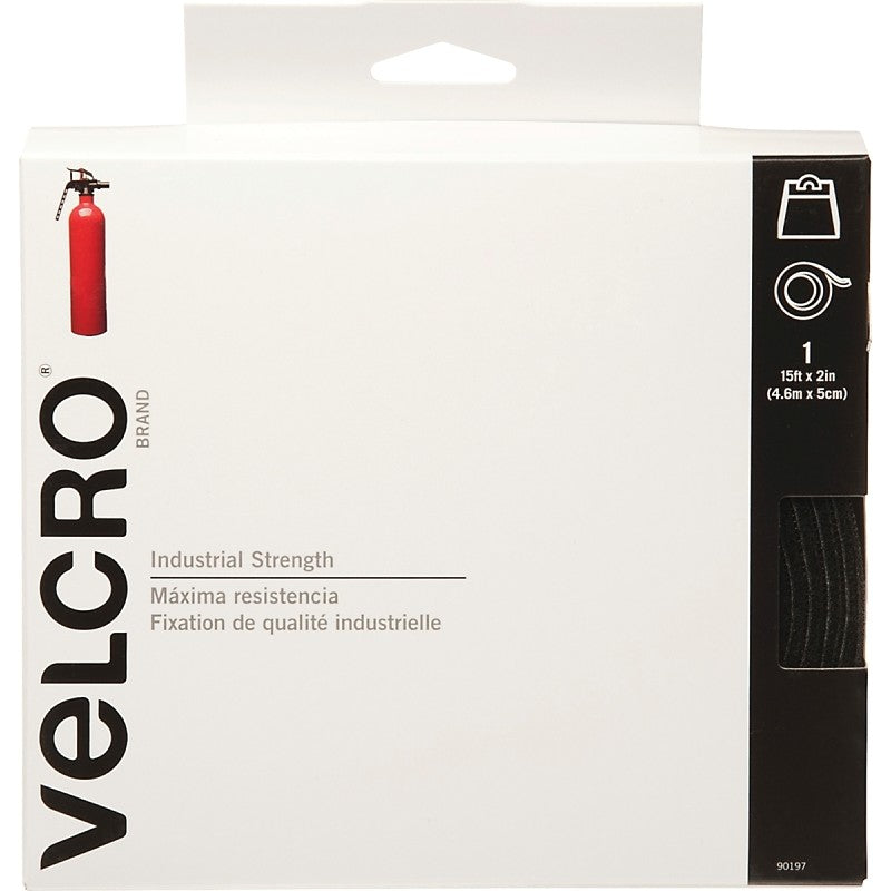 VELCRO Brand 90197 Fastener, 2 in W, 15 ft L, Nylon, Black, 10 lb, Rubber Adhesive