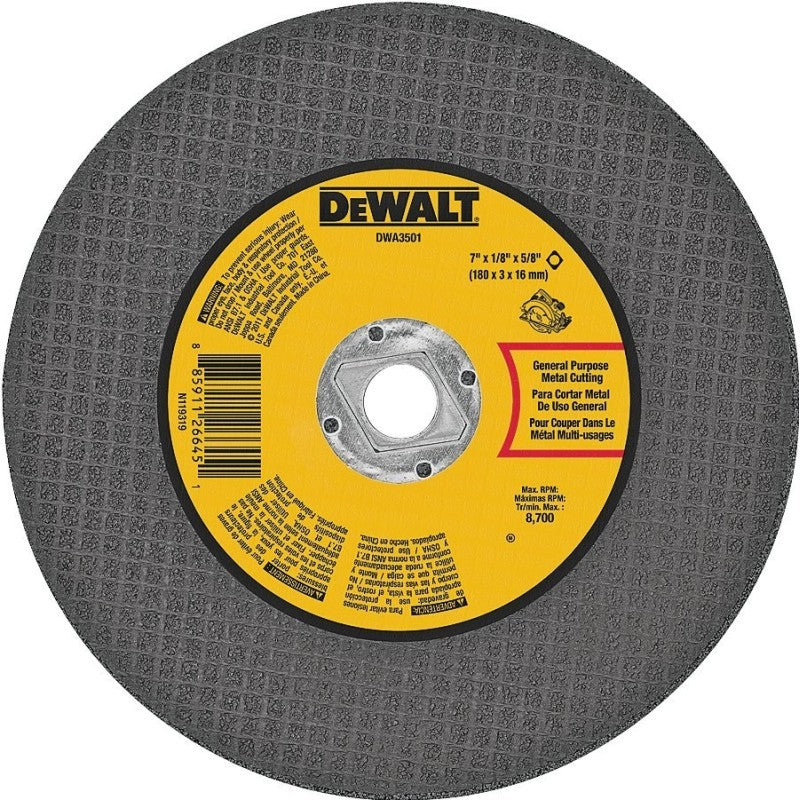 DEWALT DWA3501 Cutting Wheel, 7 in Dia, 1/8 in Thick, Aluminum Oxide Abrasive, 5/8 in Arbor