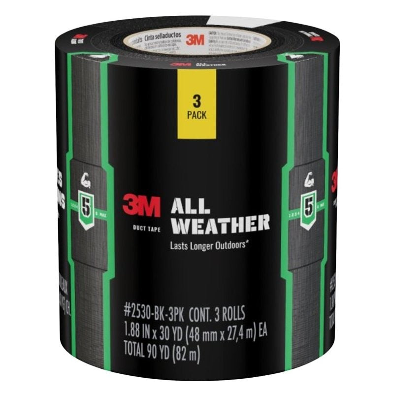 3M 2530-BK-3PK Duct Tape, 30 yd L, 1.88 in W, Polyethylene Backing, Black
