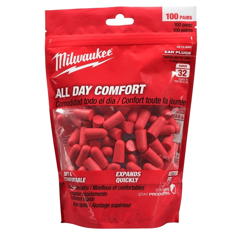 Milwaukee 48-73-3005 Ear Plugs, 32 dB NRR, Tapered, Foam Ear Plug, Red Ear Plug, Includes: (100) Pairs of Ear Plugs