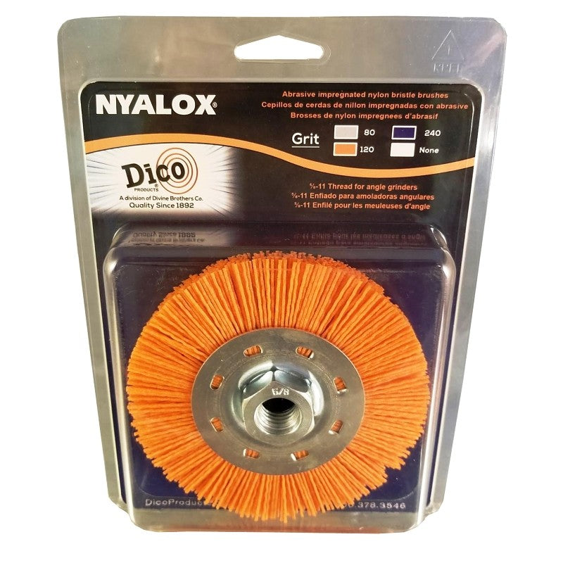 Dico 7200077 Wheel Brush, 4-1/2 in Dia, Nyalox Bristle, 5/8-11 Arbor/Shank