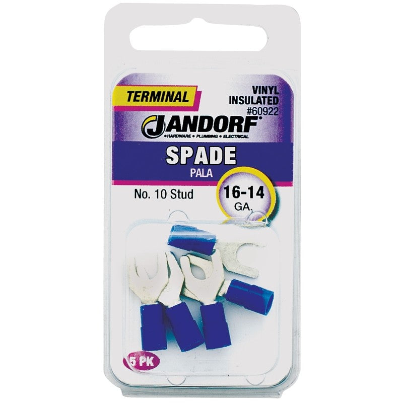 Jandorf 60922 Spade Terminal, 600 V, 16 to 14 AWG Wire, #10 Stud, Vinyl Insulation, Copper Contact, Blue, 5/PK