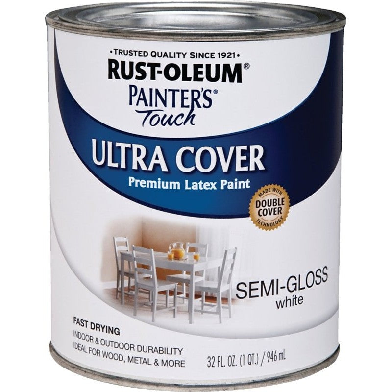 Rust-Oleum 1993502 Enamel Paint, Water, Semi-Gloss, White, 1 qt, Can, 120 sq-ft Coverage Area