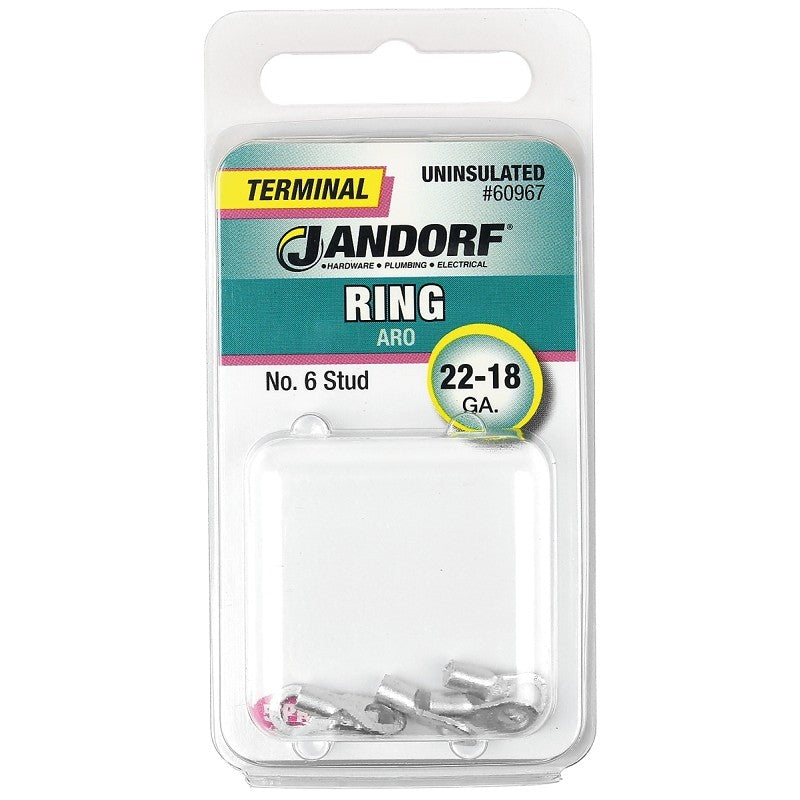 Jandorf 60967 Ring Terminal, 22 to 18 AWG Wire, #6 Stud, Copper Contact, 5/PK