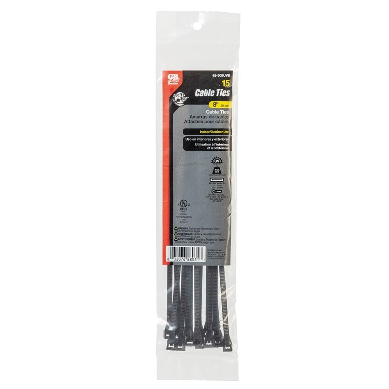Gardner Bender 45-308UVB Cable Tie, Double-Lock Locking, 6/6 Nylon, Black, 8 in L, 15/PK