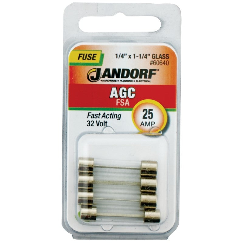 Jandorf 60640 Fast Acting Fuse, 25 A, 32 V, 1 kA Interrupt, Glass Body