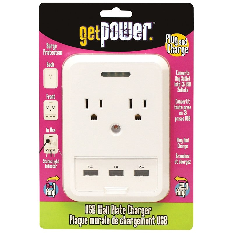 GetPower GP-3USB-AC-AC USB Wallplate Charger, 4.1 A, 5 -Outlet, White