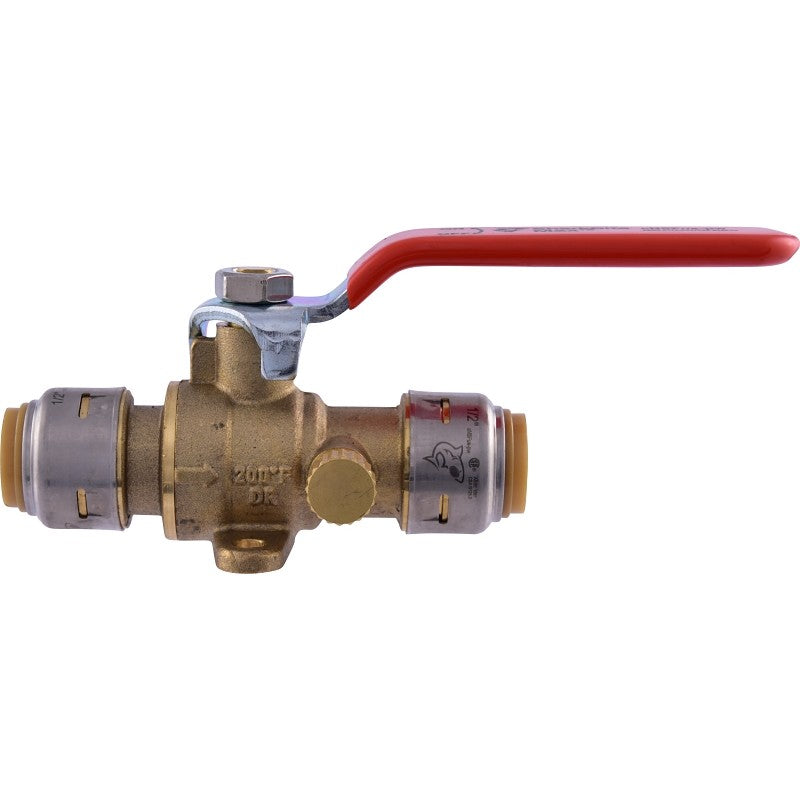 SharkBite UR24615A Ball Valve with Drain and Mounting Tab, 1/2 in Connection, Push-Fit, 250 psi Pressure, Brass Body