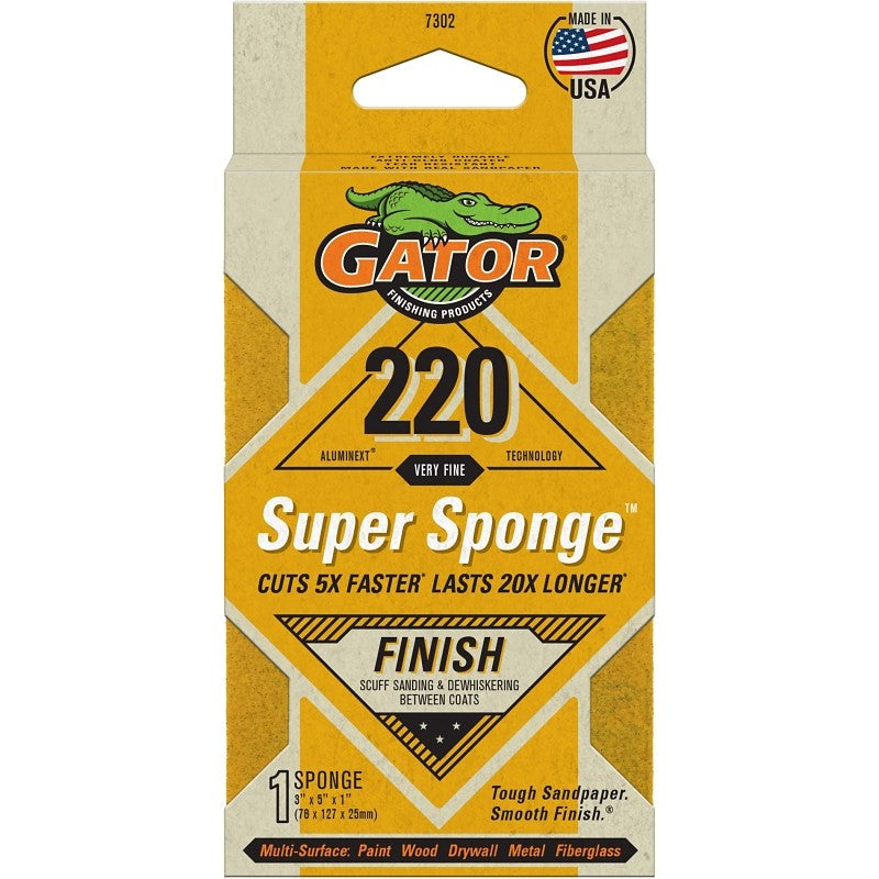Gator 7302 Sanding Sponge, 5 in L, 3 in W, 220 Grit, Aluminum Oxide Abrasive, Jumbo Size