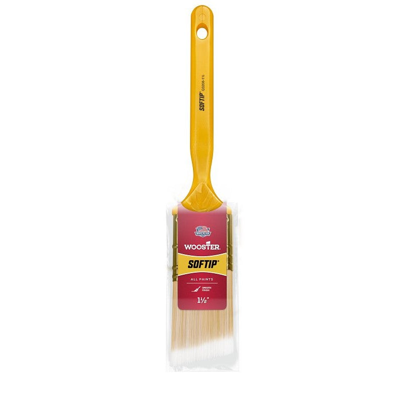 Wooster Q3208-1-1/2 Paint Brush, Pearl/White/Yellow, Plastic Handle, 1-1/2 in W, Angle Sash Brush, 2-3/16 in L Bristle