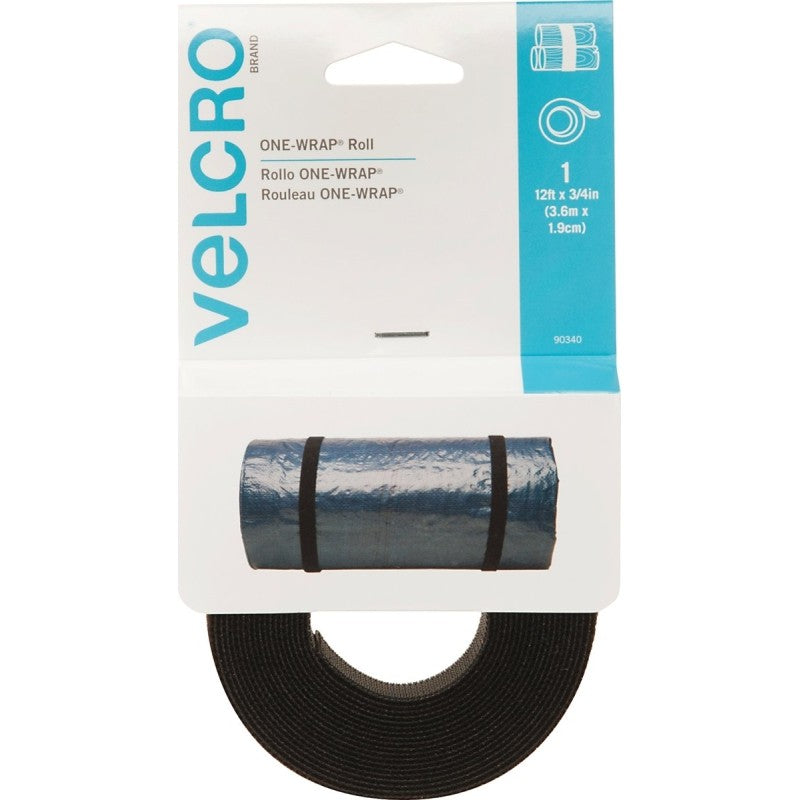 VELCRO Brand One Wrap 90340 Fastener, 3/4 in W, 12 ft L, Nylon/Polypropylene, Black