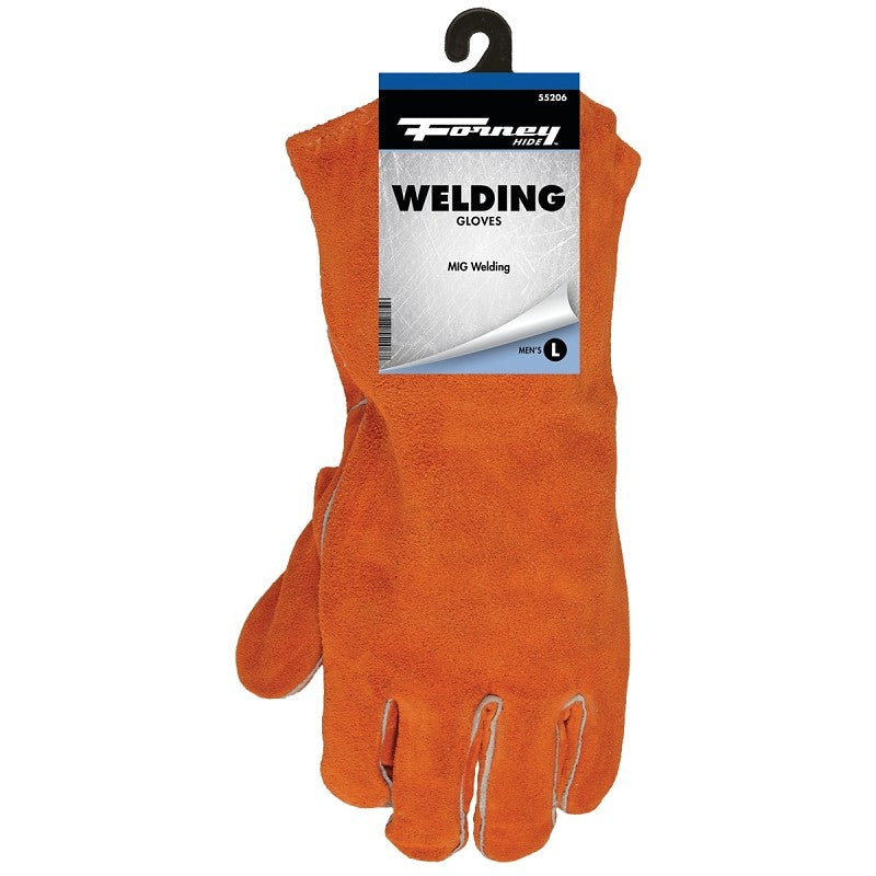 ForneyHide 55206 Welding Gloves, Men's, L, Gauntlet Cuff, Leather Palm, Orange, Wing Thumb, Leather Back