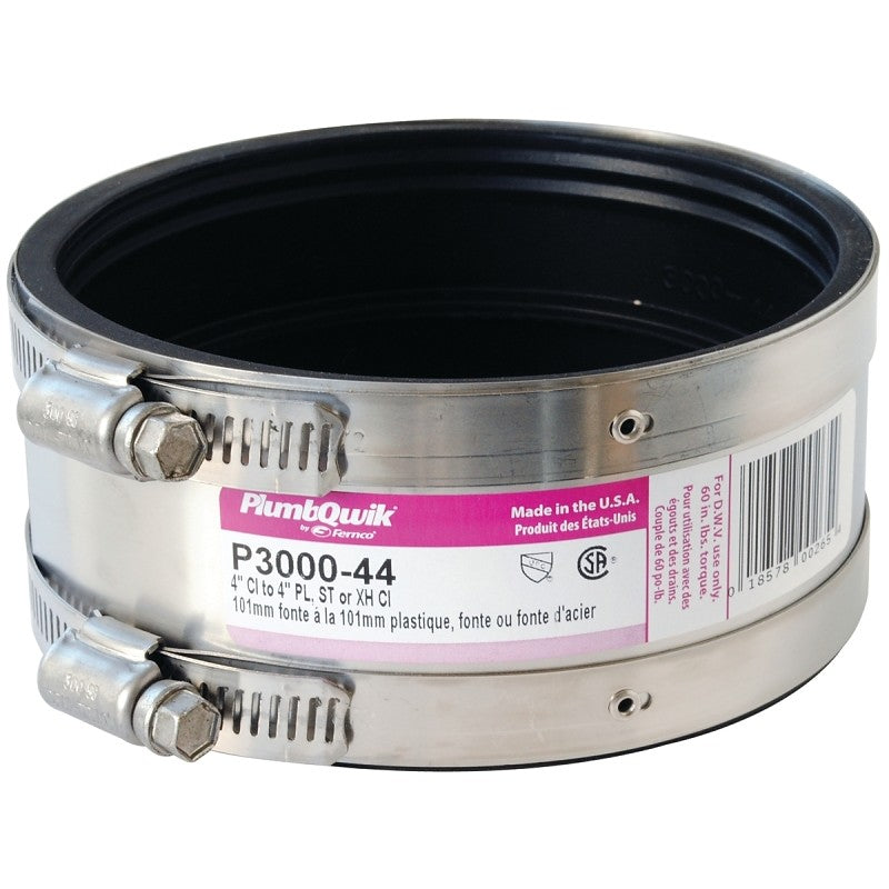 Fernco P3000-44 Transition Coupling, 4 in, PVC, SCH 40 Schedule, 4.3 psi Pressure