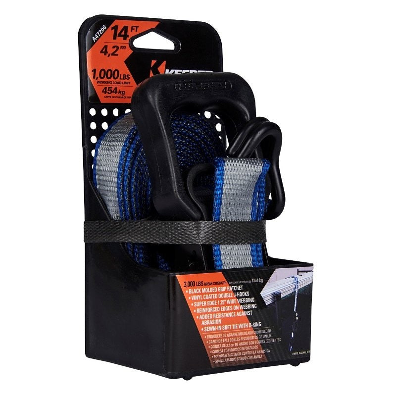 Keeper 47206 Tie-Down, 1-3/4 in W, 14 ft L, Gray, 1000 lb Working Load, J-Hook End