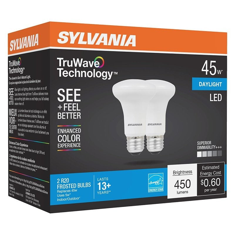 Sylvania 40790 Natural LED Bulb, Spotlight, R20 Lamp, 45 W Equivalent, E26 Lamp Base, Dimmable, Frosted, Daylight Light