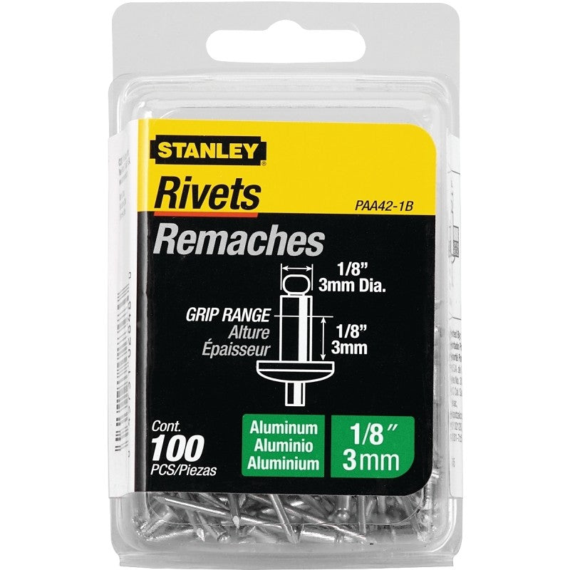 STANLEY PAA42-1B Pop Rivet, Reusable, 1/8 in Grip, 1/8, 1-1/2 in L, Aluminum, 100/PK