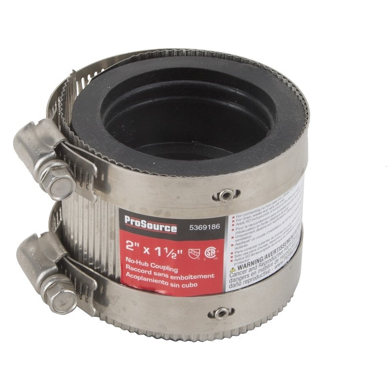 ProSource KJ-020 Coupling, 2 x 1-1/2 in, Cast Iron, Plastic and Steel Drain Pipes, Rubber/Stainless Steel