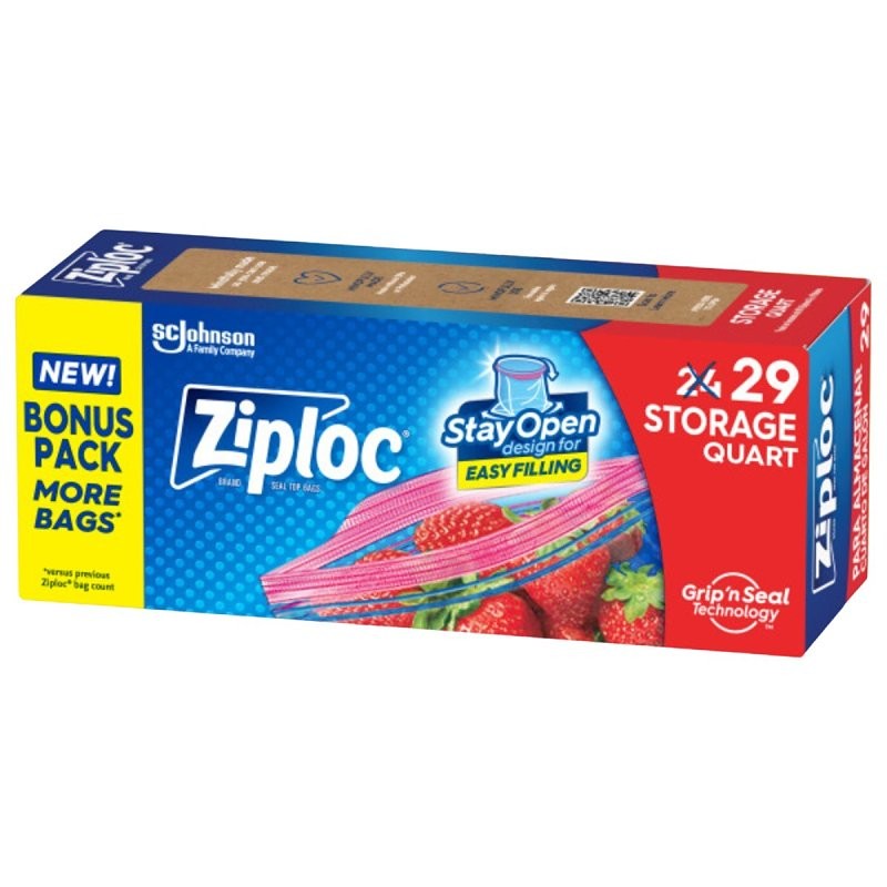 Ziploc 00330 Series Storage Bag, Zipper Closure, 7 in W, 7-7/16 in L, 1 qt Capacity, Plastic, 24/PK