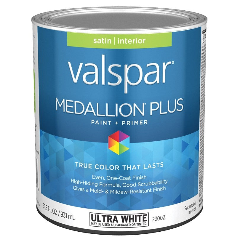 Valspar Medallion Plus 2300 028.0023002.005 Latex Paint, Acrylic Base, Satin Sheen, Ultra White Base, 1 qt