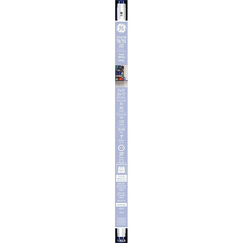 GE 37151 Linear Bulb, T8 Lamp, 20 W Equivalent, Bi-Pin Lamp Base, Frosted, Cool White Light, 4000 K Color Temp (Pack of 6)