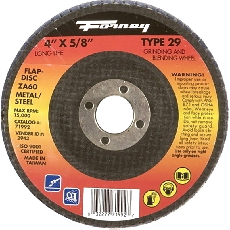 Forney 71992 Flap Disc, 4 in Dia, 5/8 in Arbor, 60 Grit, Medium, Zirconia Aluminum Abrasive, Fiberglass Backing