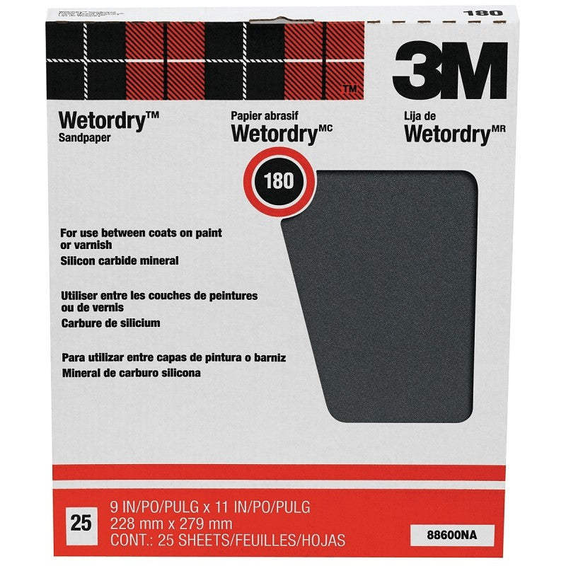 3M 88600 Sandpaper, 11 in L, 9 in W, 180 Grit, Fine, Silicone Carbide Abrasive