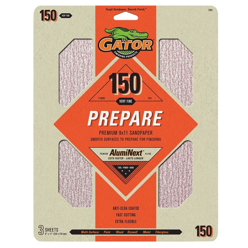 Gator 7264 Premium Sandpaper, 9 in W, 11 in L, 150 Grit, Medium, Latex Backing