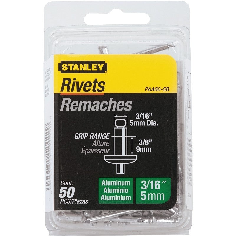 STANLEY PAA66-5B Pop Rivet, Reusable, 3/8 in Grip, 3/16, Aluminum, 50/PK