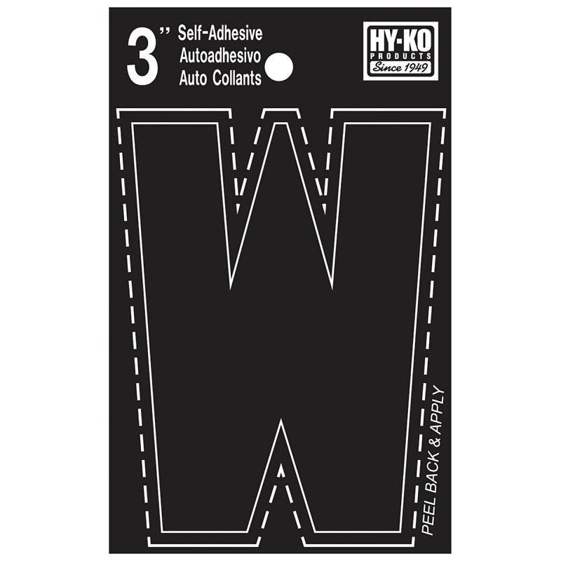 Hy-Ko 30400 Series 30433 Die-Cut Letter, Character: W, 3 in H Character, Black Character, Vinyl (Pack of 10)