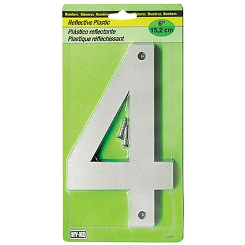 Hy-Ko 30800 Series 30804 Reflective Sign, Character: 4, 6 in H Character, Black/Silver Character, Plastic (Pack of 5)