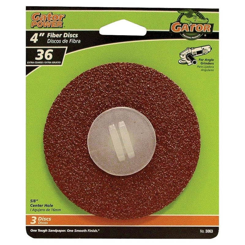Gator 3063 Fiber Disc, 4 in Dia, 36 Grit, Extra Coarse, Aluminum Oxide Abrasive, Fiber Backing, 3/PK