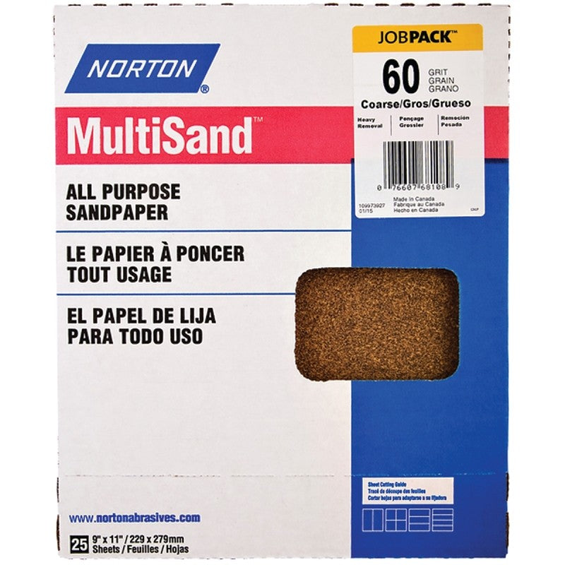 Norton MultiSand 07660768108 Sanding Sheet, Brown, 11 in L, 9 in W, Coarse, 60 Grit