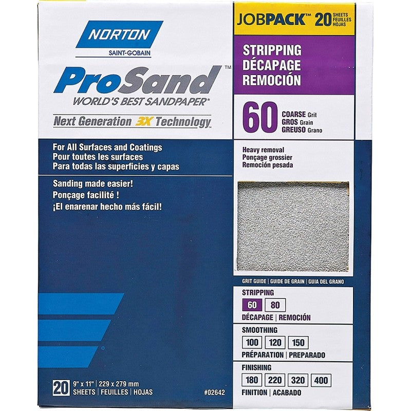 Norton ProSand 07660768175 Sanding Sheet, Tan, 11 in L, 9 in W, Coarse, 60 Grit, Aluminum Oxide Abrasive, Paper Backing