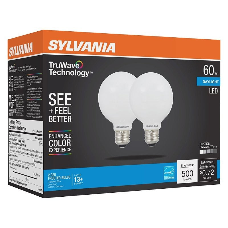 Sylvania 40768 Natural LED Bulb, Globe, G25 Lamp, 60 W Equivalent, E26 Lamp Base, Dimmable, Frosted, Daylight Light