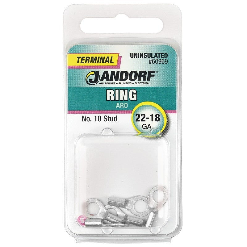Jandorf 60969 Ring Terminal, 22 to 18 AWG Wire, #10 Stud, Copper Contact