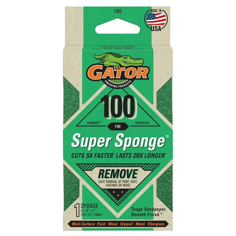 Gator 7362 Sanding Sponge, 5 in L, 3 in W, 100 Grit, Medium, Aluminum Oxide Abrasive